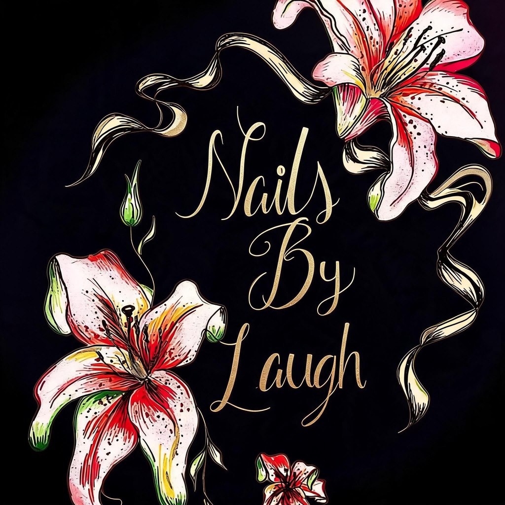 Logotipo de Nails By Laugh: lirios y nombre en caligrafía dorada